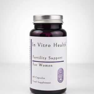 A bottle of In Vitro Health fertility support capsules for women.