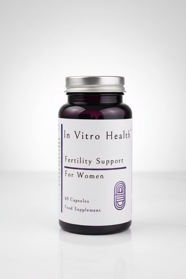 A bottle of In Vitro Health fertility support capsules for women.