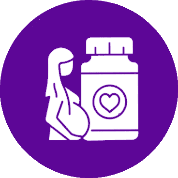 Icon of a pregnant woman next to a heart-marked vitamin bottle.