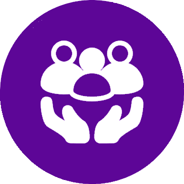 White icon of hands holding a group of people on purple background.